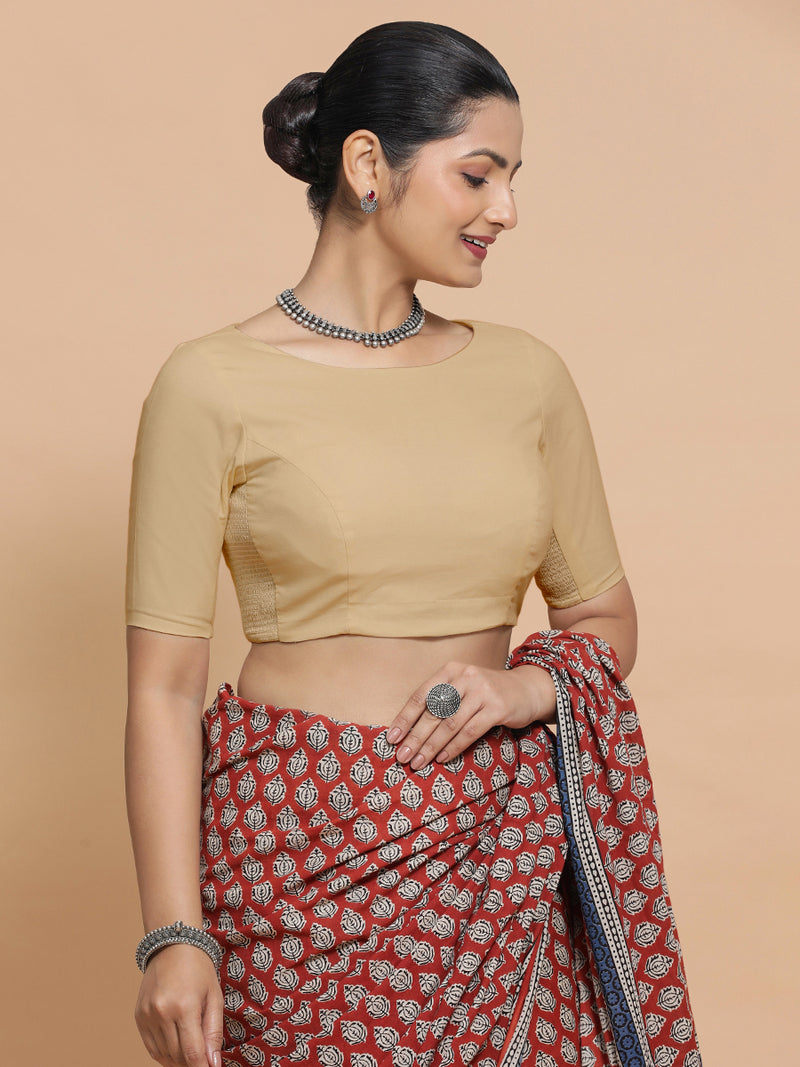 Alka x Rozaana | Boat Neck Saree Blouse in Ecru Beige Linen-Binks