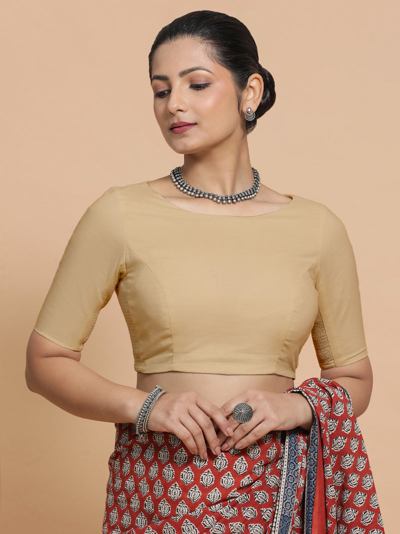 Alka x Rozaana | Boat Neck Saree Blouse in Ecru Beige Linen-Binks