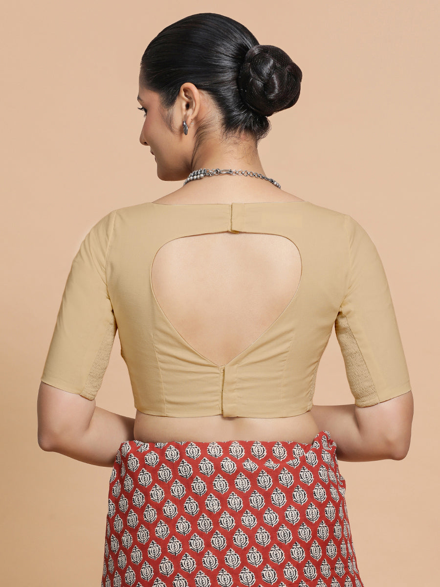Alka x Rozaana Saree Blouse, in Beige Linen, featuring elbow sleeves and boat neckline, made for daily & work (view 2).