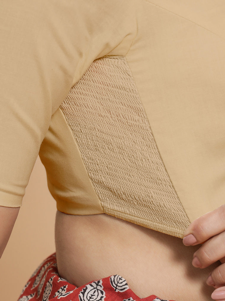 Alka x Rozaana Saree Blouse, in Beige Linen, featuring elbow sleeves and boat neckline, made for daily & work (view 3).