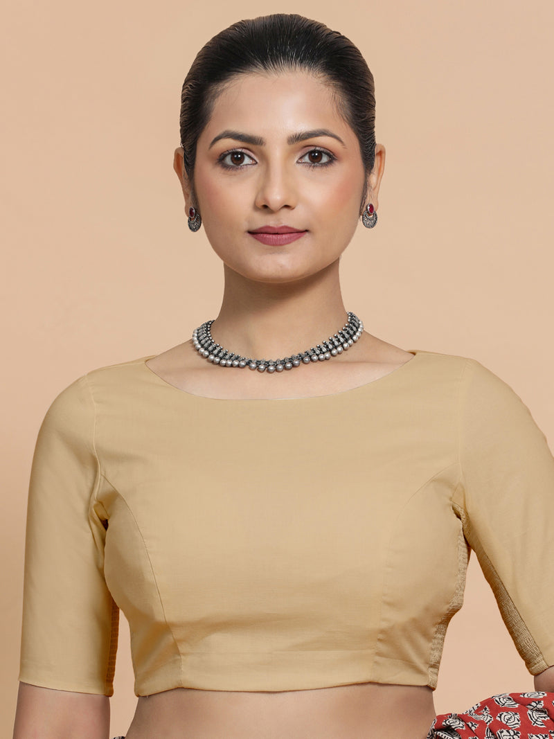 Alka x Rozaana | Boat Neck Saree Blouse in Ecru Beige Linen-Binks