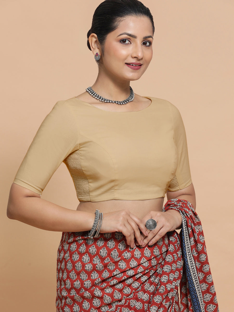 Alka x Rozaana Saree Blouse, in Beige Linen, featuring elbow sleeves and boat neckline, made for daily & work (view 8).