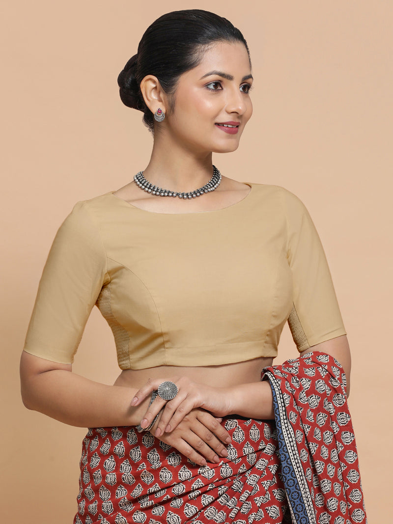 Alka x Rozaana | Boat Neck Saree Blouse in Ecru Beige Linen-Binks