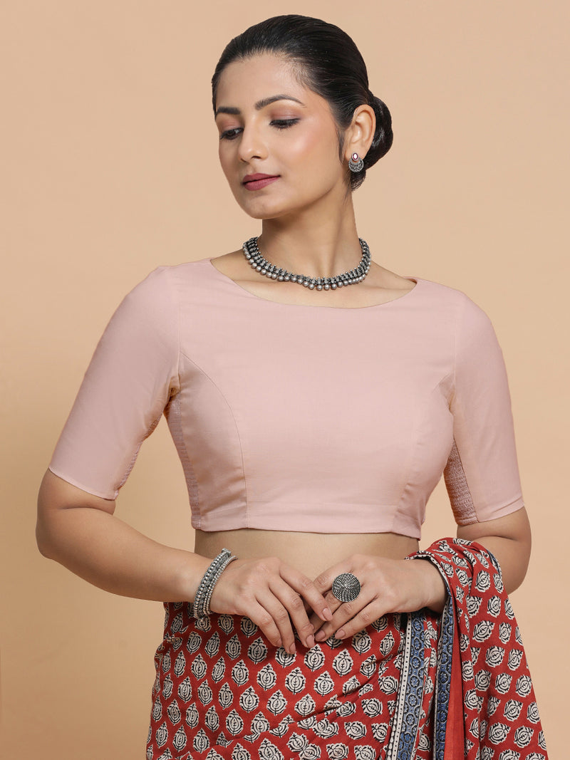 Alka x Rozaana | Boat Neck Saree Blouse in Misty Pink Linen-Binks