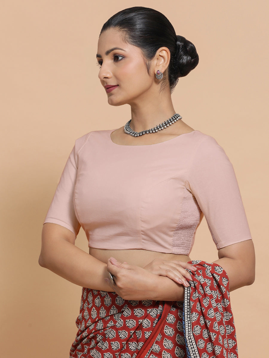 Alka x Rozaana Saree Blouse, in Pink Linen, featuring elbow sleeves and boat neckline, made for daily & work (view 5).