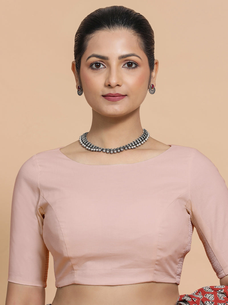 Alka x Rozaana | Boat Neck Saree Blouse in Misty Pink Linen-Binks