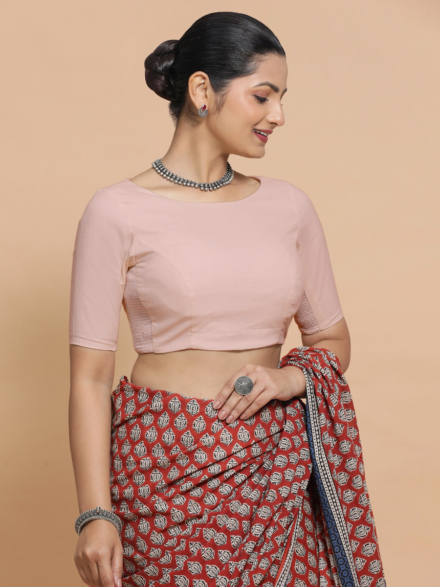 Alka x Rozaana Saree Blouse, in Pink Linen, featuring elbow sleeves and boat neckline, made for daily & work (view 8).