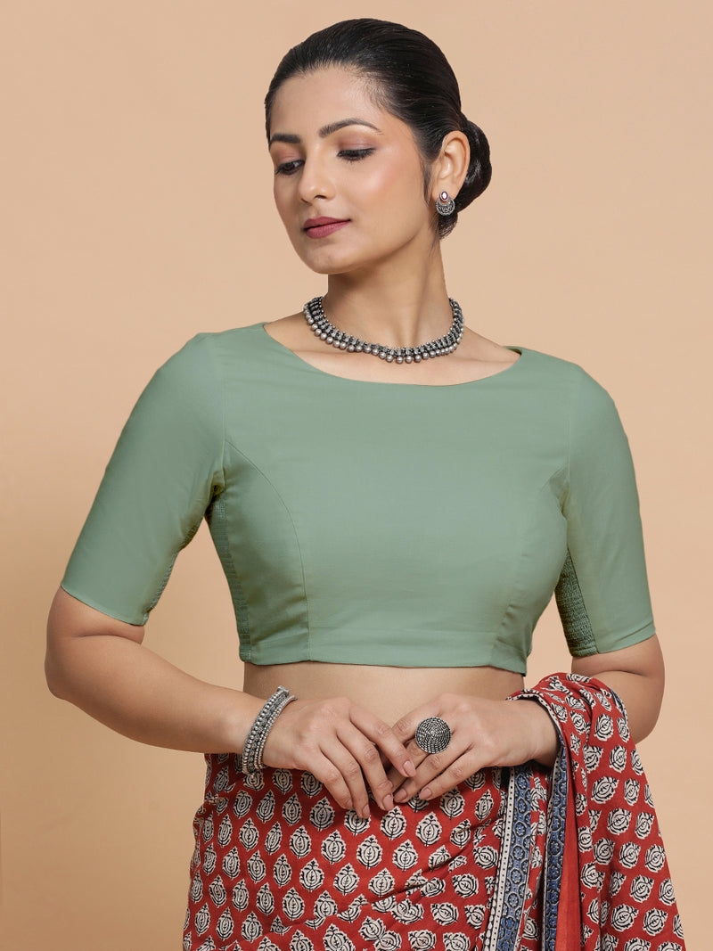 Alka x Rozaana | Boat Neck Saree Blouse in Peppermint Green Linen-Binks