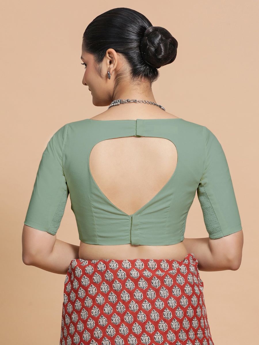 Alka x Rozaana Saree Blouse, in Green Linen, featuring elbow sleeves and boat neckline, made for daily & work (view 2).