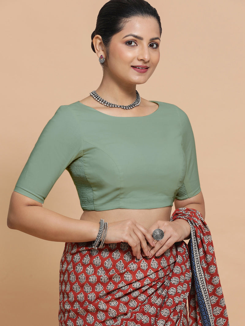 Alka x Rozaana | Boat Neck Saree Blouse in Peppermint Green Linen-Binks