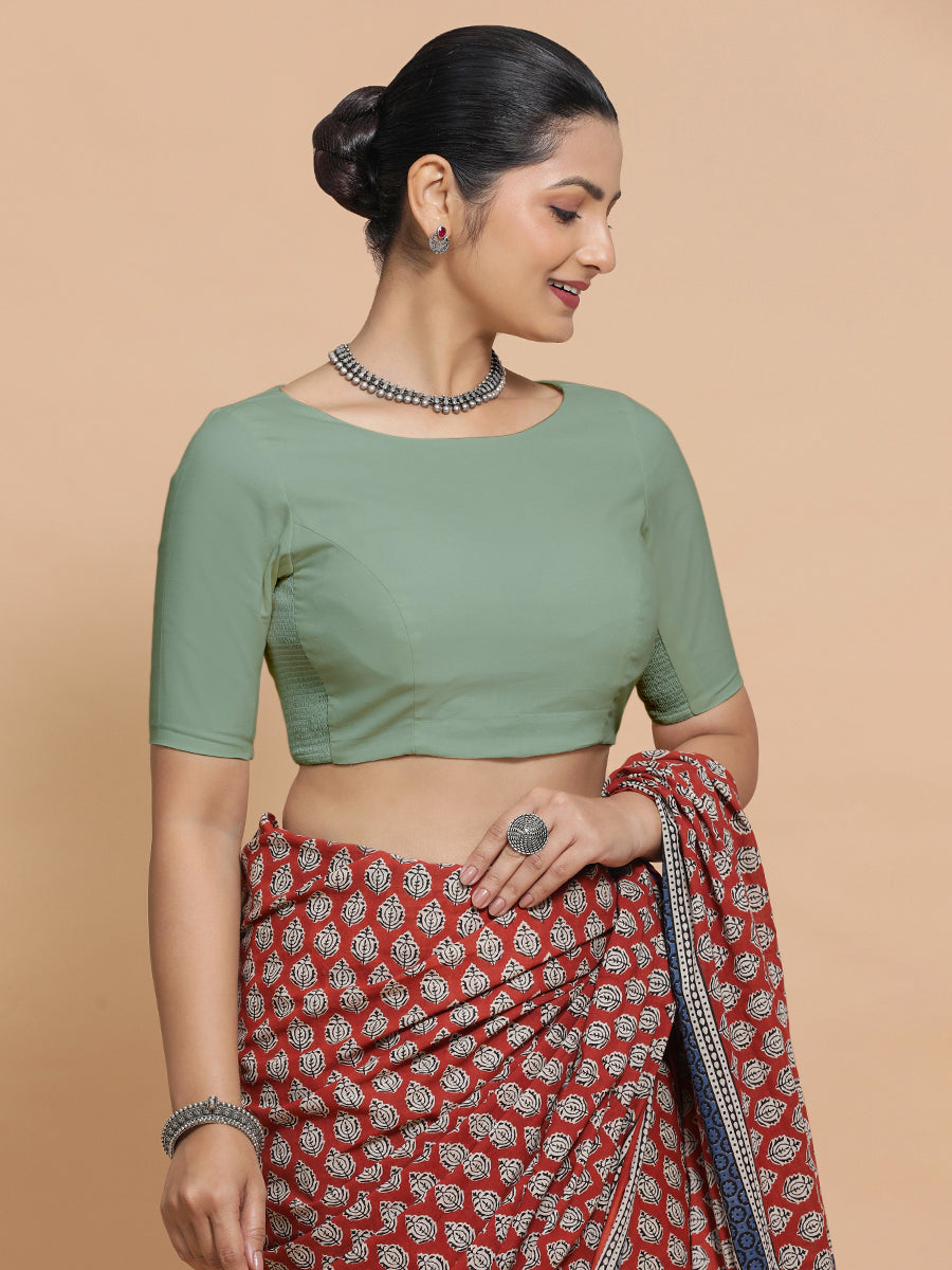 Alka x Rozaana Saree Blouse, in Green Linen, featuring elbow sleeves and boat neckline, made for daily & work (view 8).