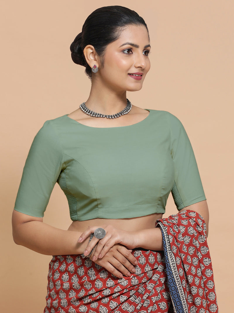 Alka x Rozaana | Boat Neck Saree Blouse in Peppermint Green Linen-Binks