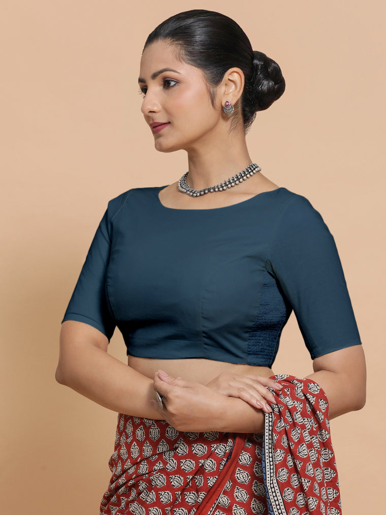 Alka x Rozaana Saree Blouse, in Blue Linen, featuring elbow sleeves and boat neckline, made for daily & work.