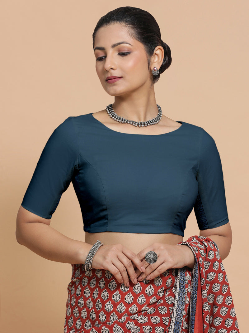 Alka x Rozaana | Boat Neck Saree Blouse in Regal Blue Linen-Binks