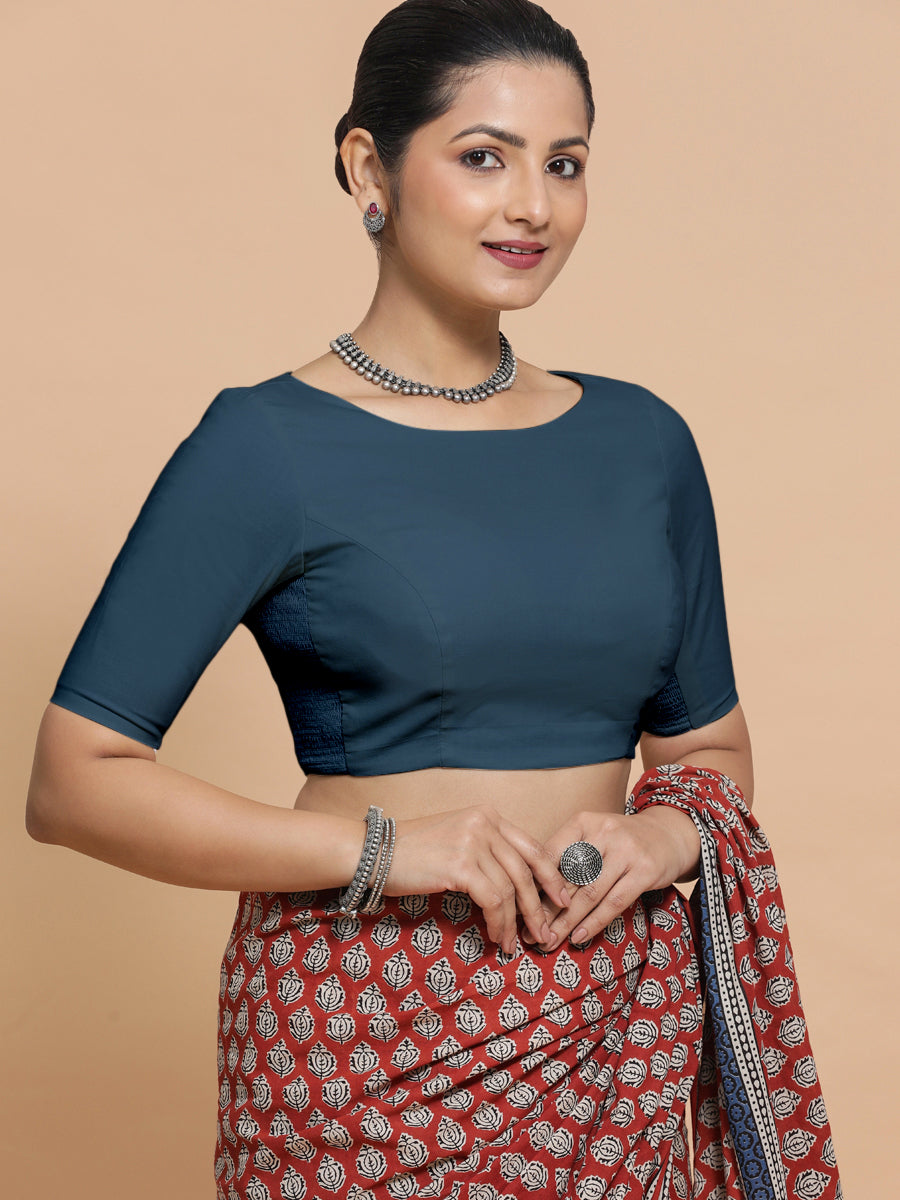 Alka x Rozaana Saree Blouse, in Blue Linen, featuring elbow sleeves and boat neckline, made for daily & work (view 7).