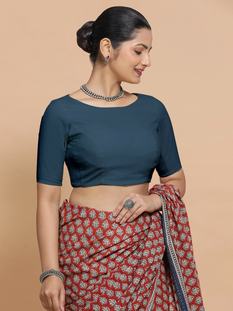 Alka x Rozaana Saree Blouse, in Blue Linen, featuring elbow sleeves and boat neckline, made for daily & work (view 8).