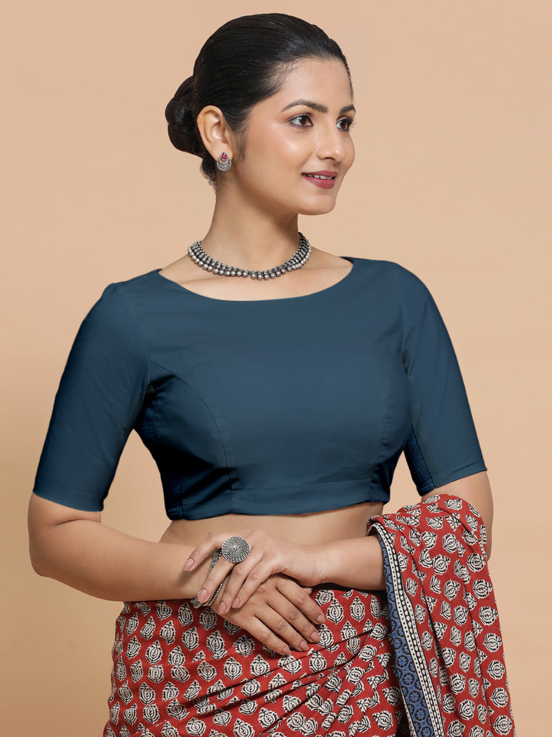 Alka x Rozaana | Boat Neck Saree Blouse in Regal Blue Linen-Binks
