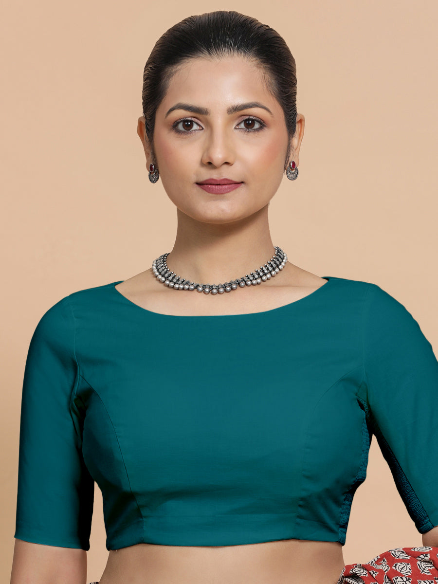 Alka x Rozaana Saree Blouse, in Blue Linen, featuring elbow sleeves and boat neckline, made for daily & work.