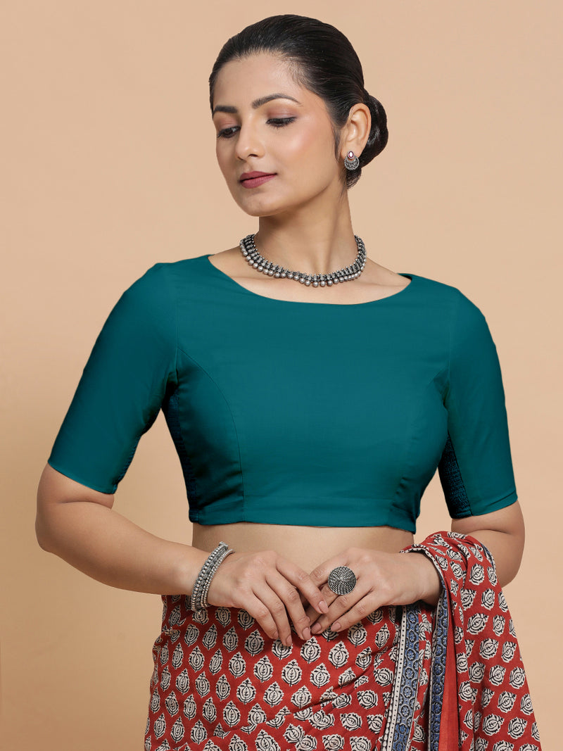 Alka x Rozaana | Boat Neck Saree Blouse in Teal Blue Linen-Binks