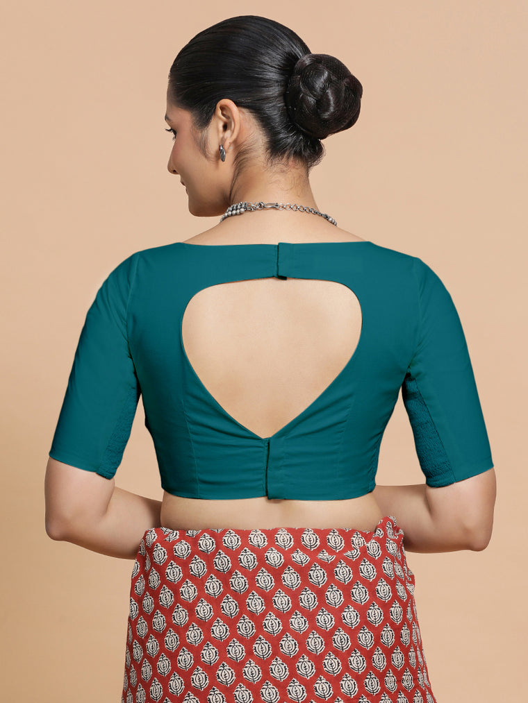 Alka x Rozaana Saree Blouse, in Blue Linen, featuring elbow sleeves and boat neckline, made for daily & work (view 2).