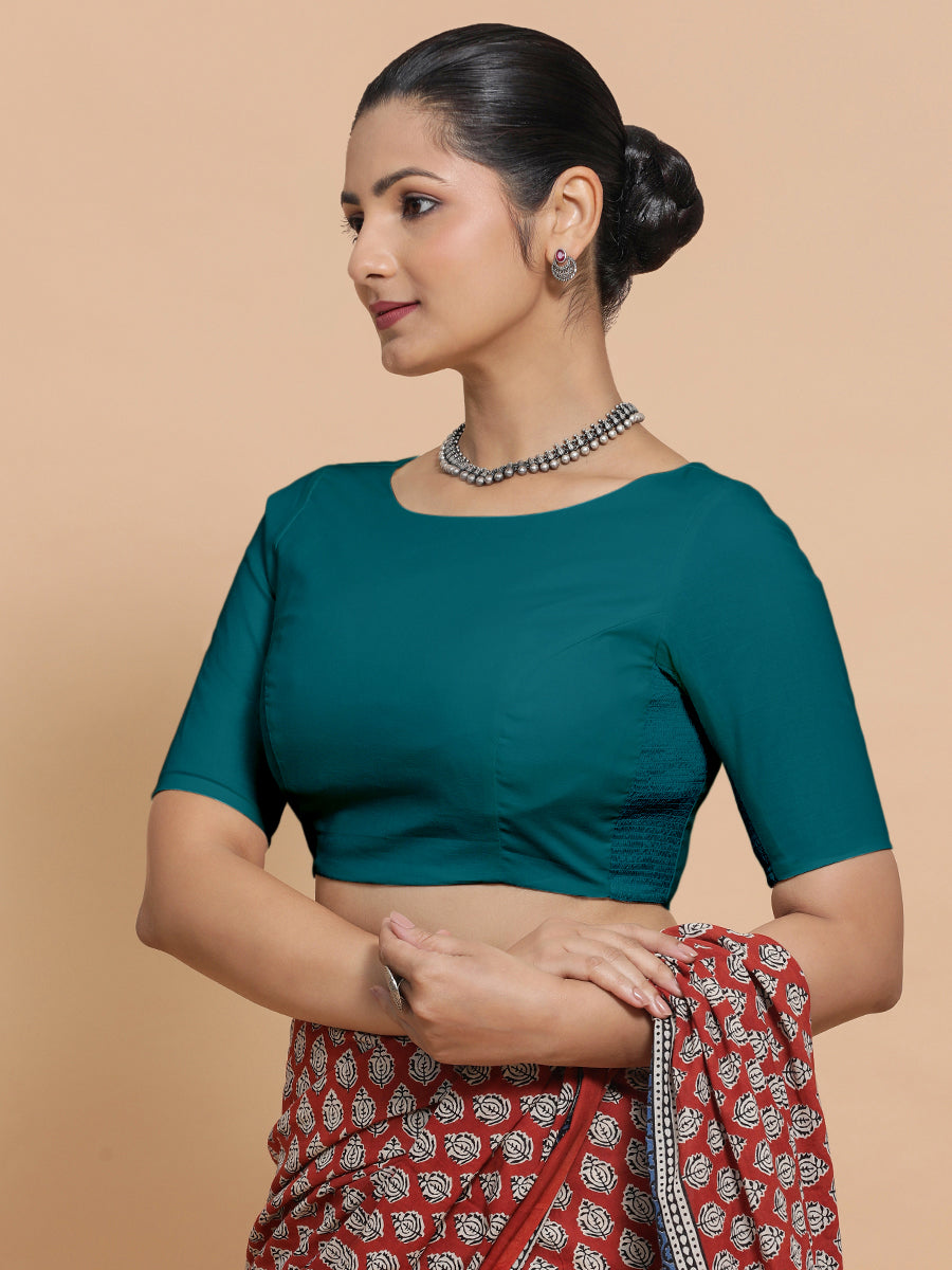 Alka x Rozaana Saree Blouse, in Blue Linen, featuring elbow sleeves and boat neckline, made for daily & work (view 5).