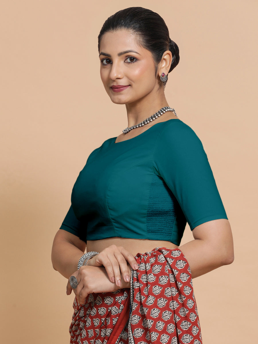 Alka x Rozaana Saree Blouse, in Blue Linen, featuring elbow sleeves and boat neckline, made for daily & work (view 6).