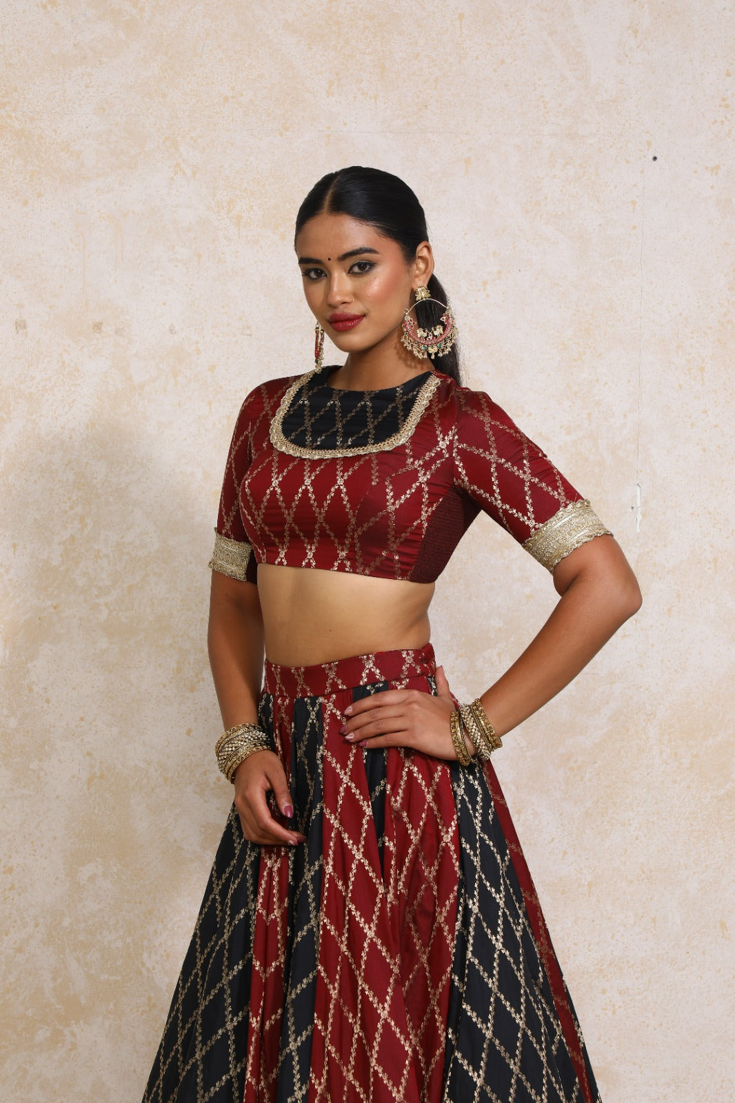 Amaavi x Tyohaar Saree Blouse, in Maroon Viscose Silk Brocade, featuring elbow sleeves and jewel neckline (view 7).