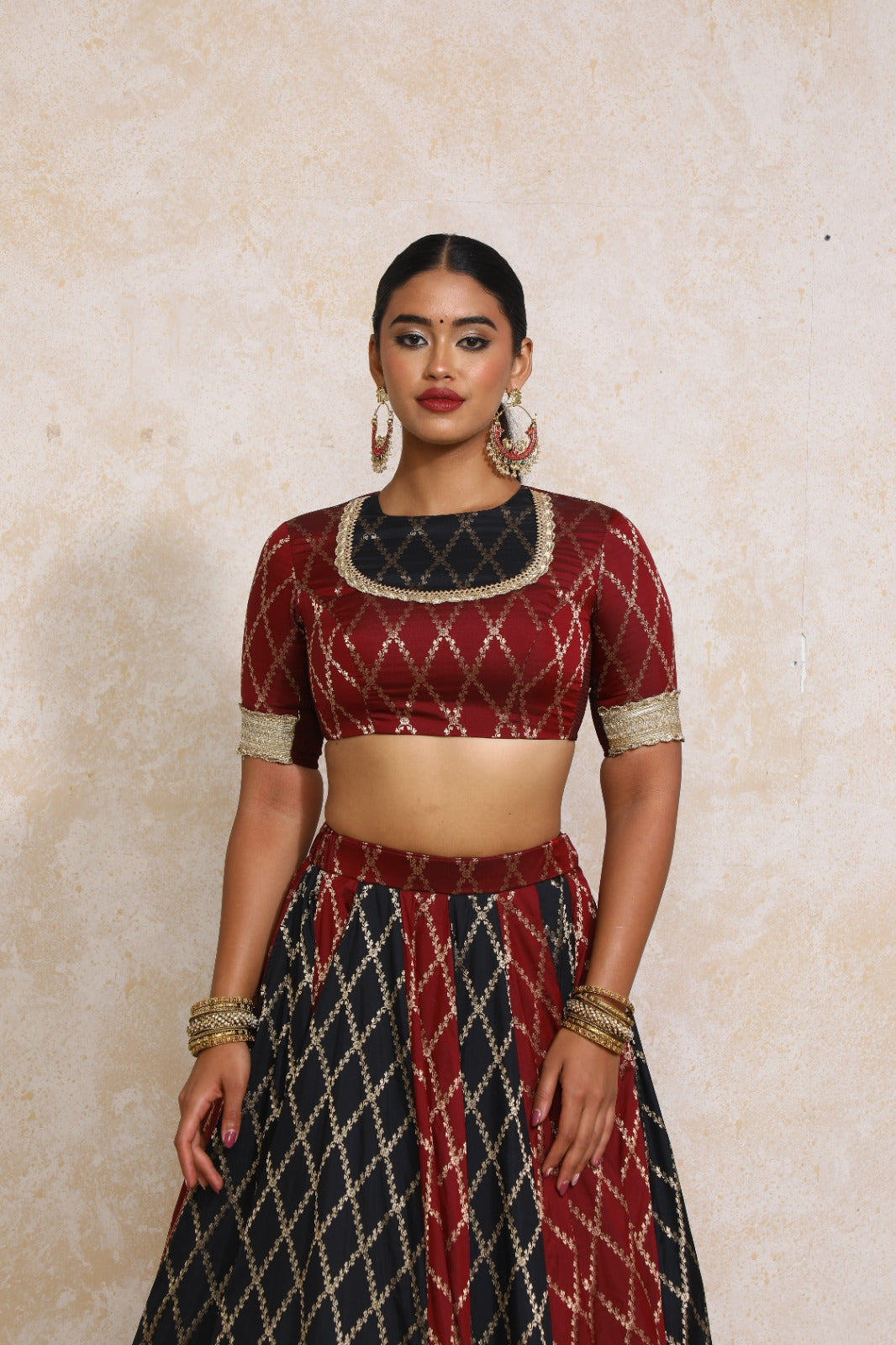 Amaavi x Tyohaar Saree Blouse, in Maroon Viscose Silk Brocade, featuring elbow sleeves and jewel neckline (view 8).