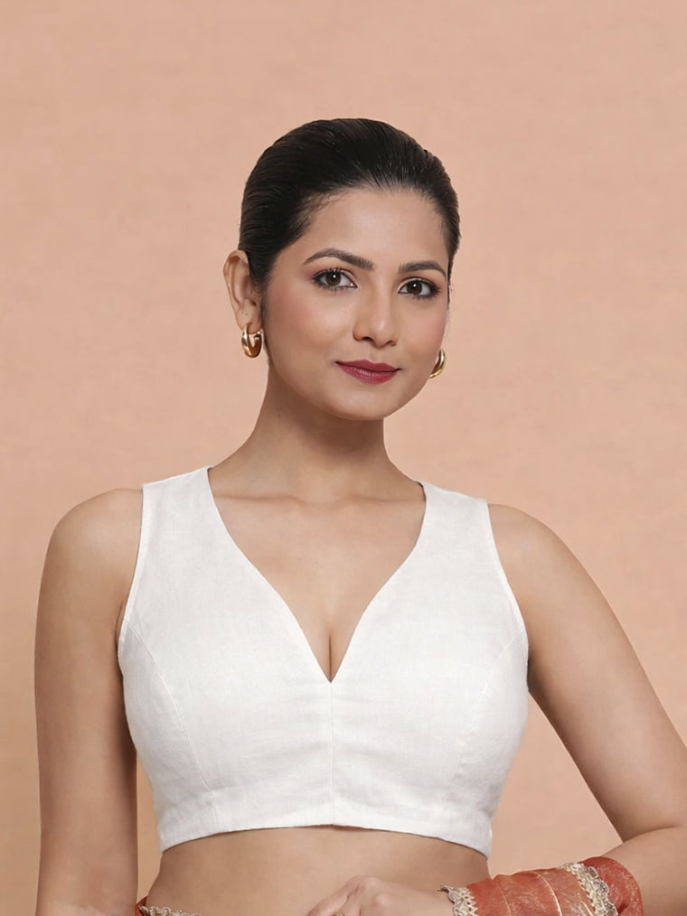 Amaira x Rozaana Saree Blouse, in White 70% Cotton 30% Linen, featuring sleeveless and betel neckline.