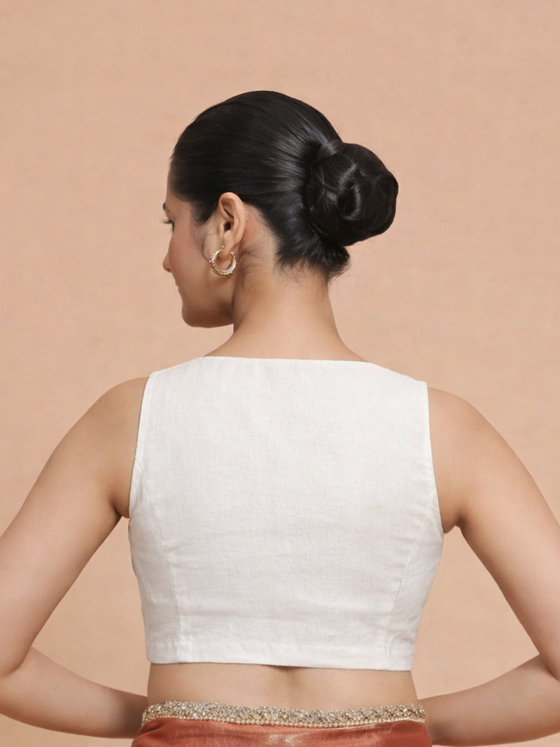 Amaira x Rozaana | Sleeveless Chalk White Linen Saree Blouse-Binks