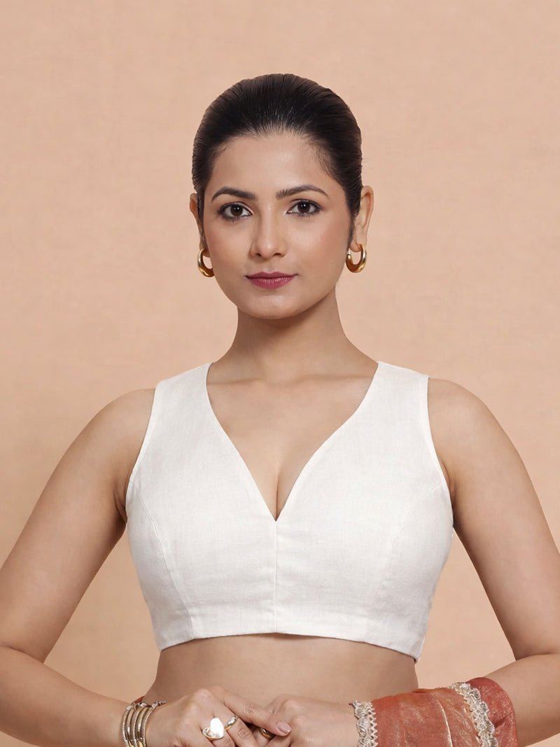 Amaira x Rozaana | Sleeveless Chalk White Linen Saree Blouse-Binks