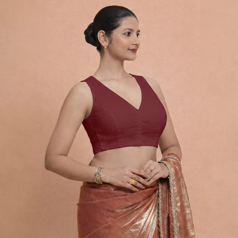 Amaira x Rozaana | Sleeveless Cranberry Red Linen Saree Blouse-Binks