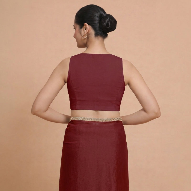 Amaira x Rozaana | Sleeveless Cranberry Red Linen Saree Blouse-Binks
