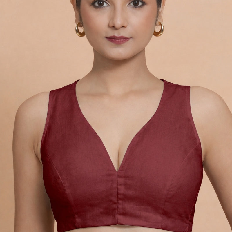 Amaira x Rozaana | Sleeveless Cranberry Red Linen Saree Blouse-Binks