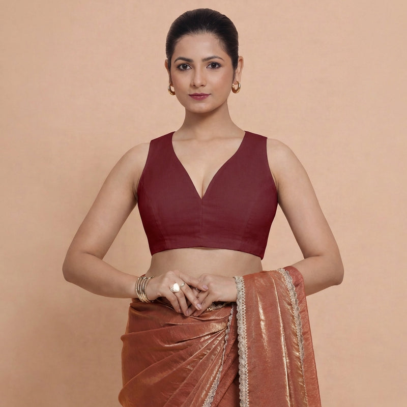 Amaira x Rozaana | Sleeveless Cranberry Red Linen Saree Blouse-Binks