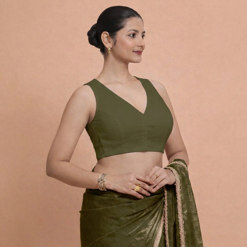 Amaira x Rozaana | Sleeveless Deep Olive Green Linen Saree Blouse-Binks