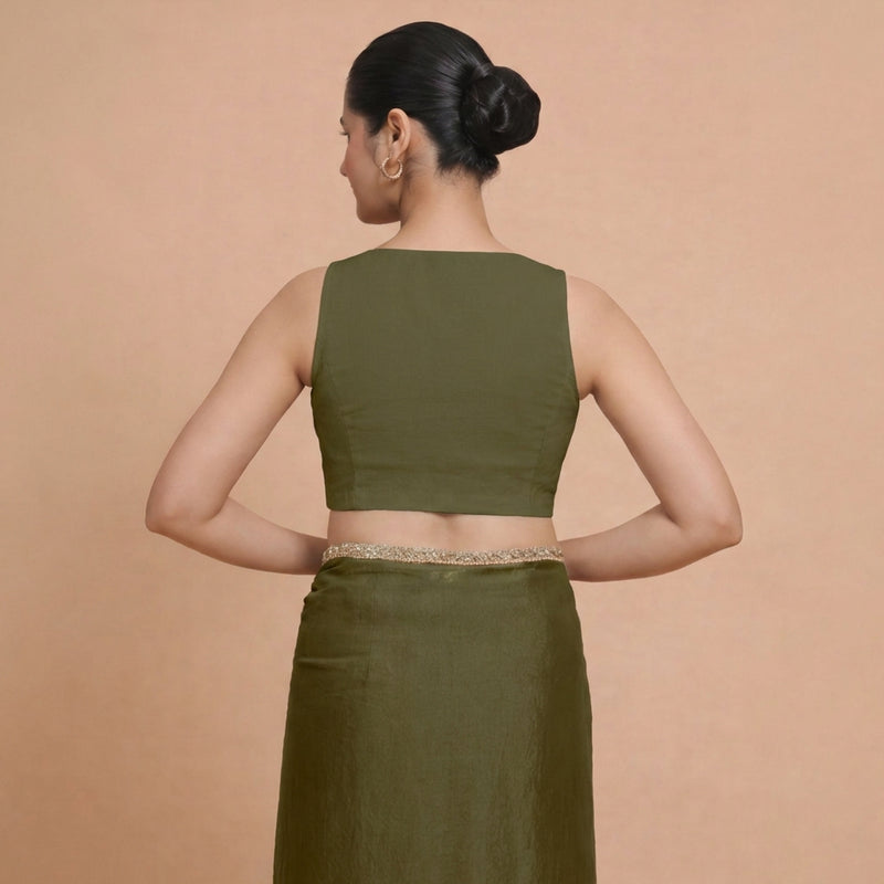 Amaira x Rozaana | Sleeveless Deep Olive Green Linen Saree Blouse-Binks