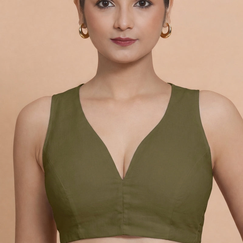 Amaira x Rozaana | Sleeveless Deep Olive Green Linen Saree Blouse-Binks