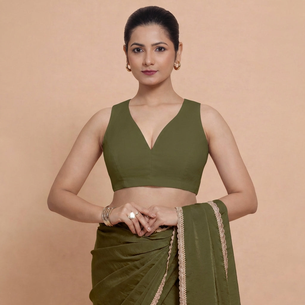 Amaira x Rozaana Saree Blouse, in Green 70% Cotton 30% Linen, featuring sleeveless and betel neckline (view 5).