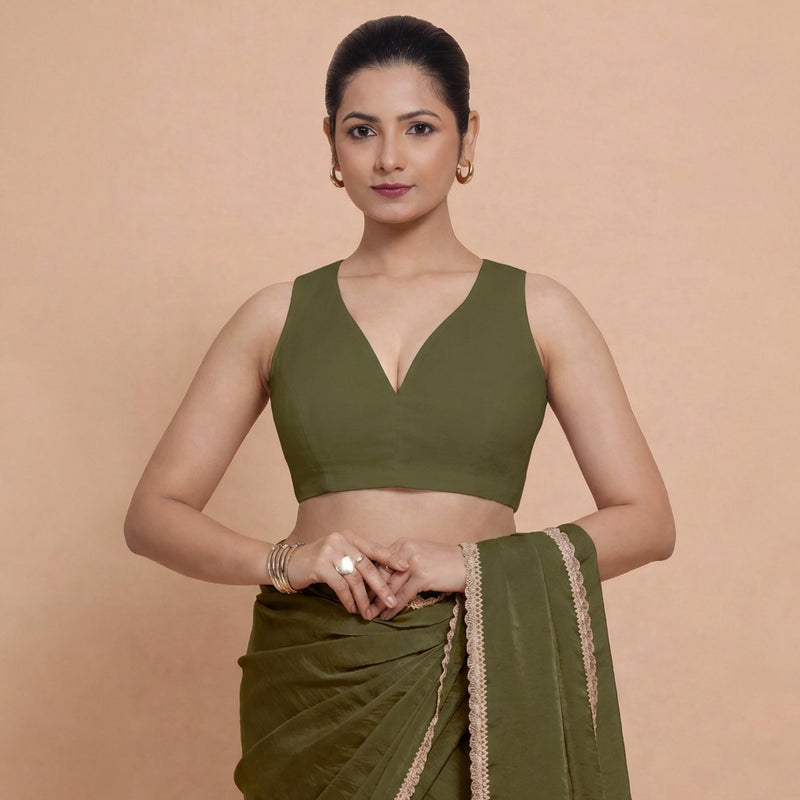 Amaira x Rozaana | Sleeveless Deep Olive Green Linen Saree Blouse-Binks