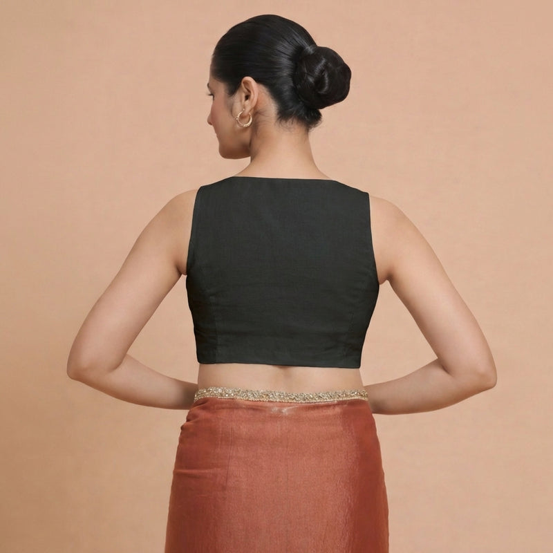 Amaira x Rozaana | Sleeveless Ebony Black Linen Saree Blouse-Binks