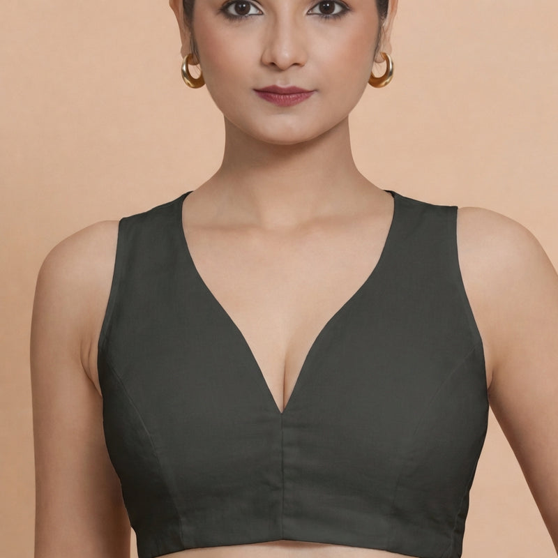 Amaira x Rozaana | Sleeveless Ebony Black Linen Saree Blouse-Binks
