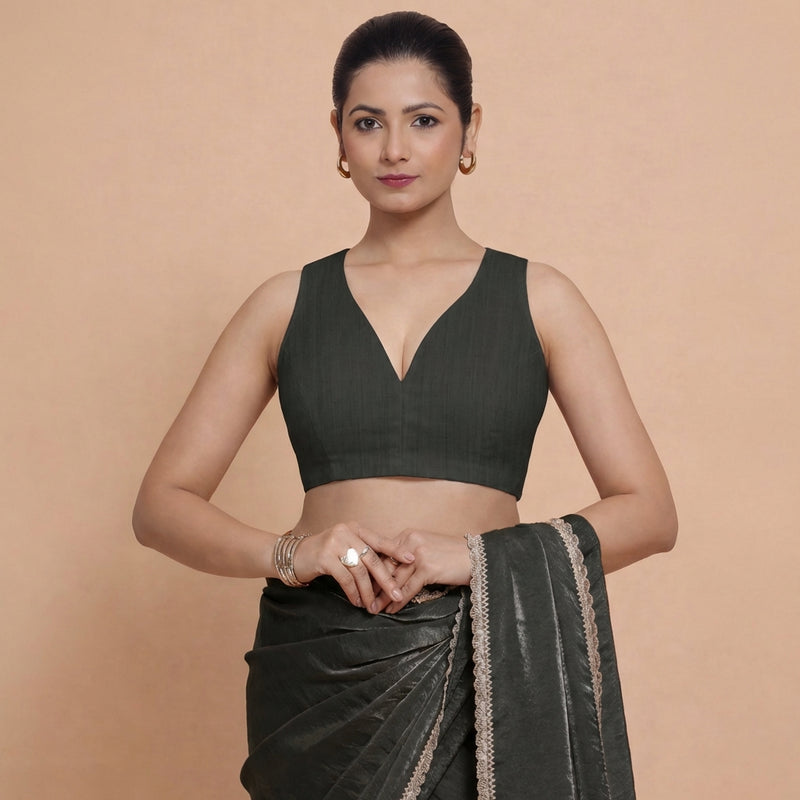 Amaira x Rozaana | Sleeveless Ebony Black Linen Saree Blouse-Binks
