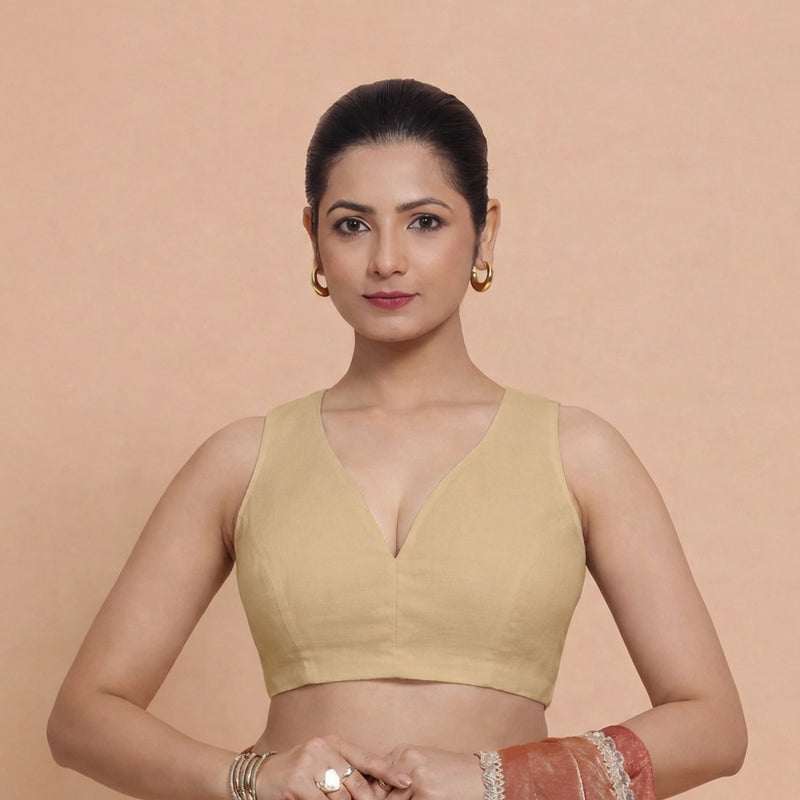 Amaira x Rozaana | Sleeveless Ecru Beige Linen Saree Blouse-Binks