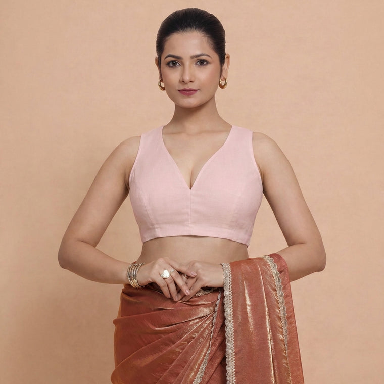 Amaira x Rozaana Saree Blouse, in Pink 70% Cotton 30% Linen, featuring sleeveless and betel neckline.