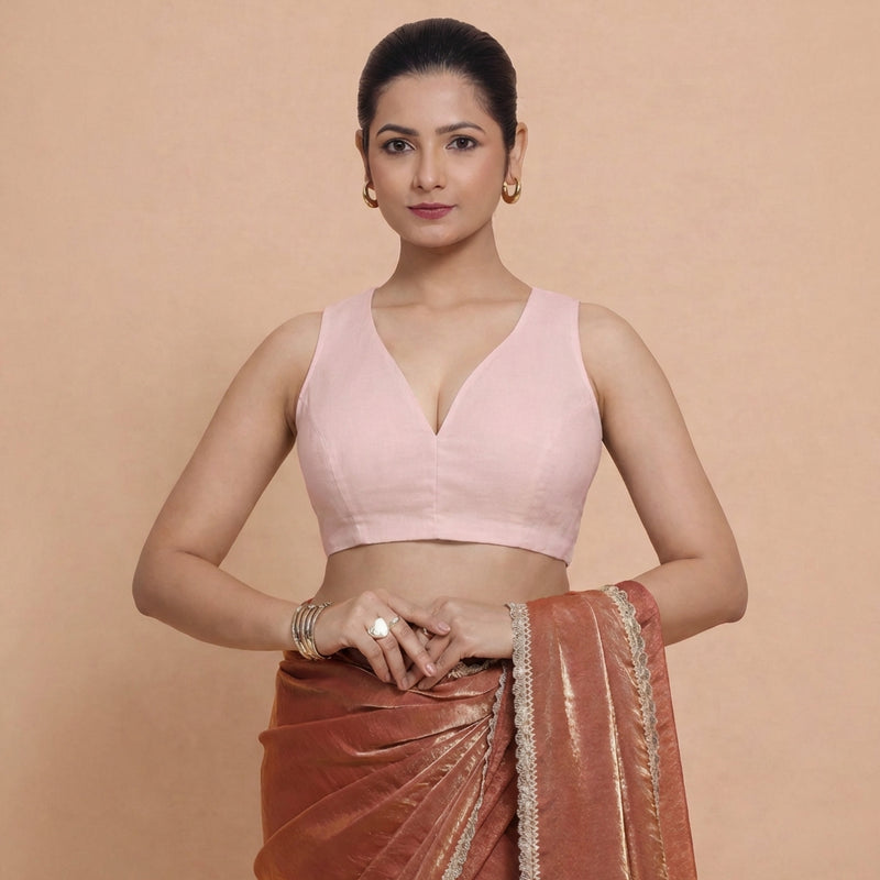 Amaira x Rozaana | Sleeveless Misty Pink Linen Saree Blouse-Binks