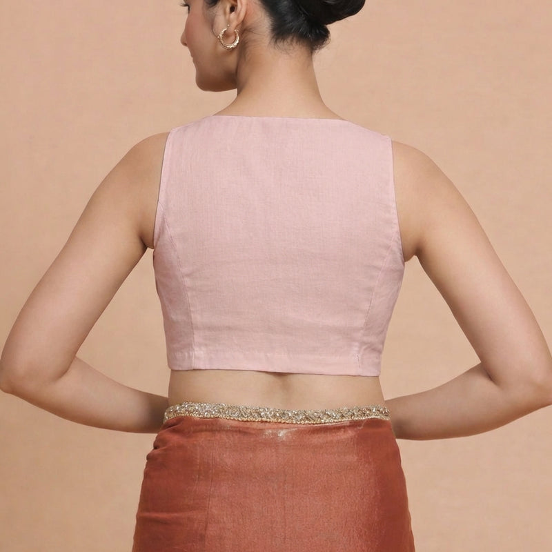 Amaira x Rozaana | Sleeveless Misty Pink Linen Saree Blouse-Binks