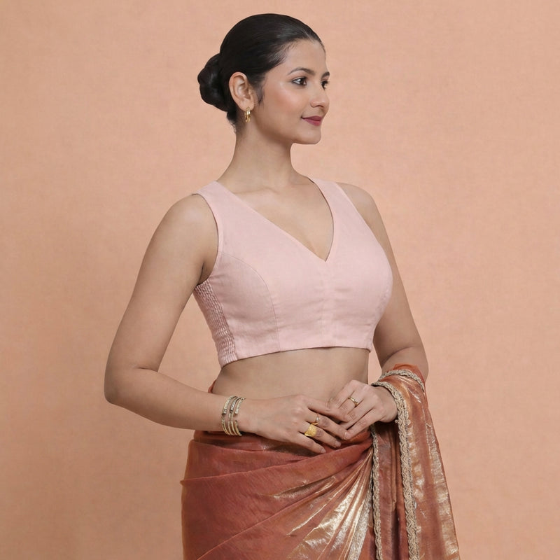 Amaira x Rozaana | Sleeveless Misty Pink Linen Saree Blouse-Binks