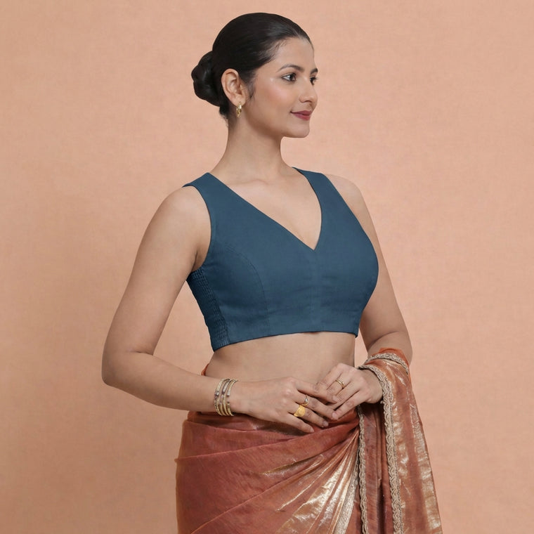 Amaira x Rozaana Saree Blouse, in Blue 70% Cotton 30% Linen, featuring sleeveless and betel neckline.