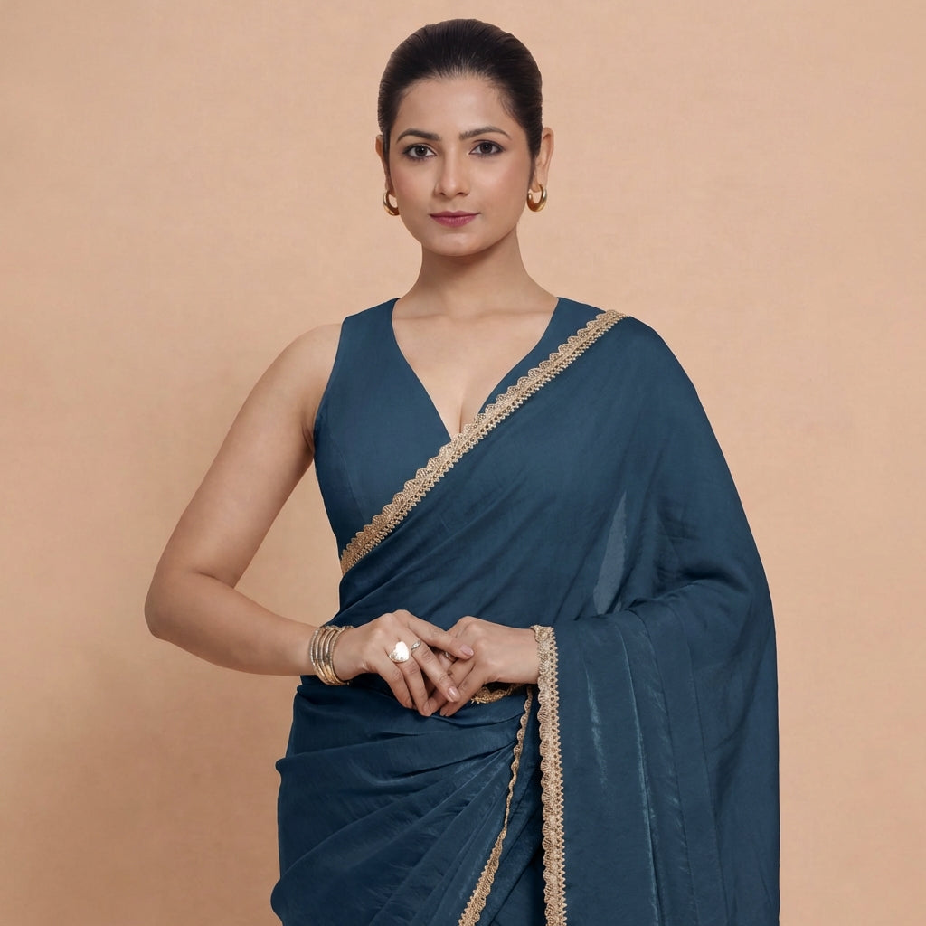 Amaira x Rozaana Saree Blouse, in Blue 70% Cotton 30% Linen, featuring sleeveless and betel neckline (view 5).
